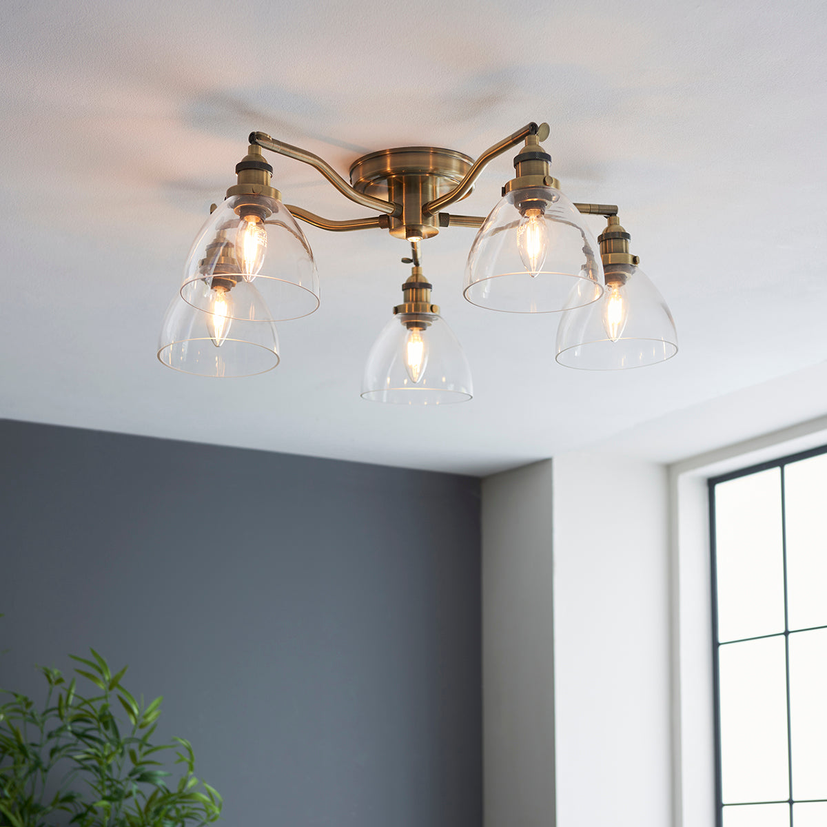 Marlowe Clear Glass Five Light Semi Flush Light in Antique Brass