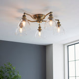Marlowe Clear Glass Five Light Semi Flush Light in Antique Brass