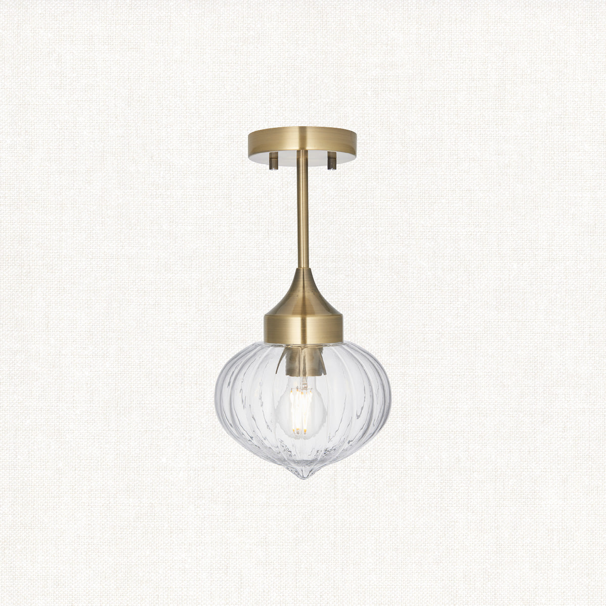 Teardrop Clear Ribbed Glass Semi Flush Light in Antique Brass