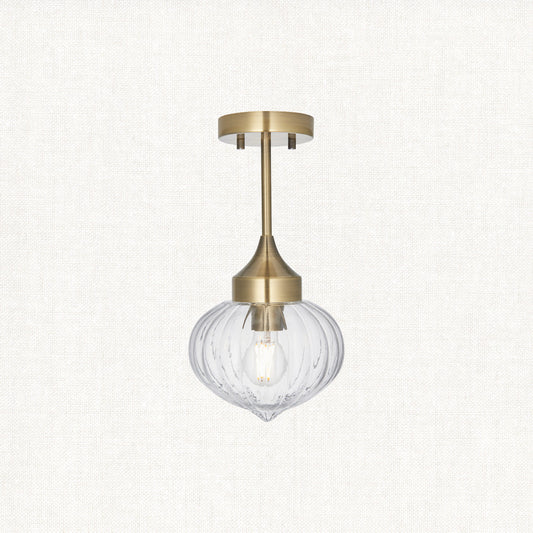 Teardrop Clear Ribbed Glass Semi Flush Light in Antique Brass