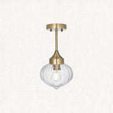 Teardrop Clear Ribbed Glass Semi Flush Light in Antique Brass