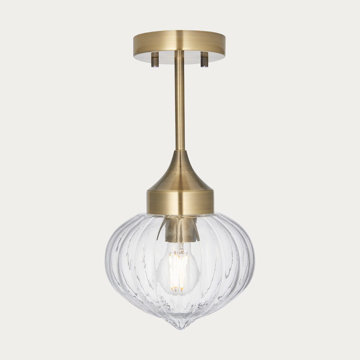Teardrop Clear Ribbed Glass Semi Flush Light in Antique Brass