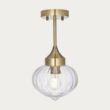 Teardrop Clear Ribbed Glass Semi Flush Light in Antique Brass