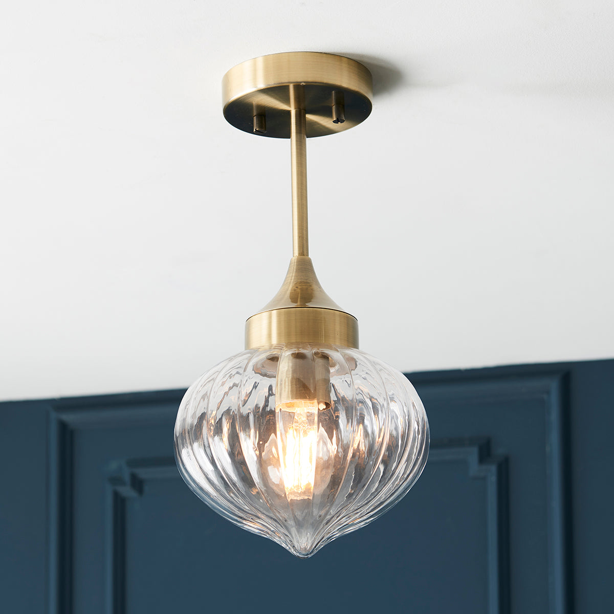 Teardrop Clear Ribbed Glass Semi Flush Light in Antique Brass