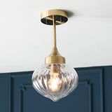 Teardrop Clear Ribbed Glass Semi Flush Light in Antique Brass