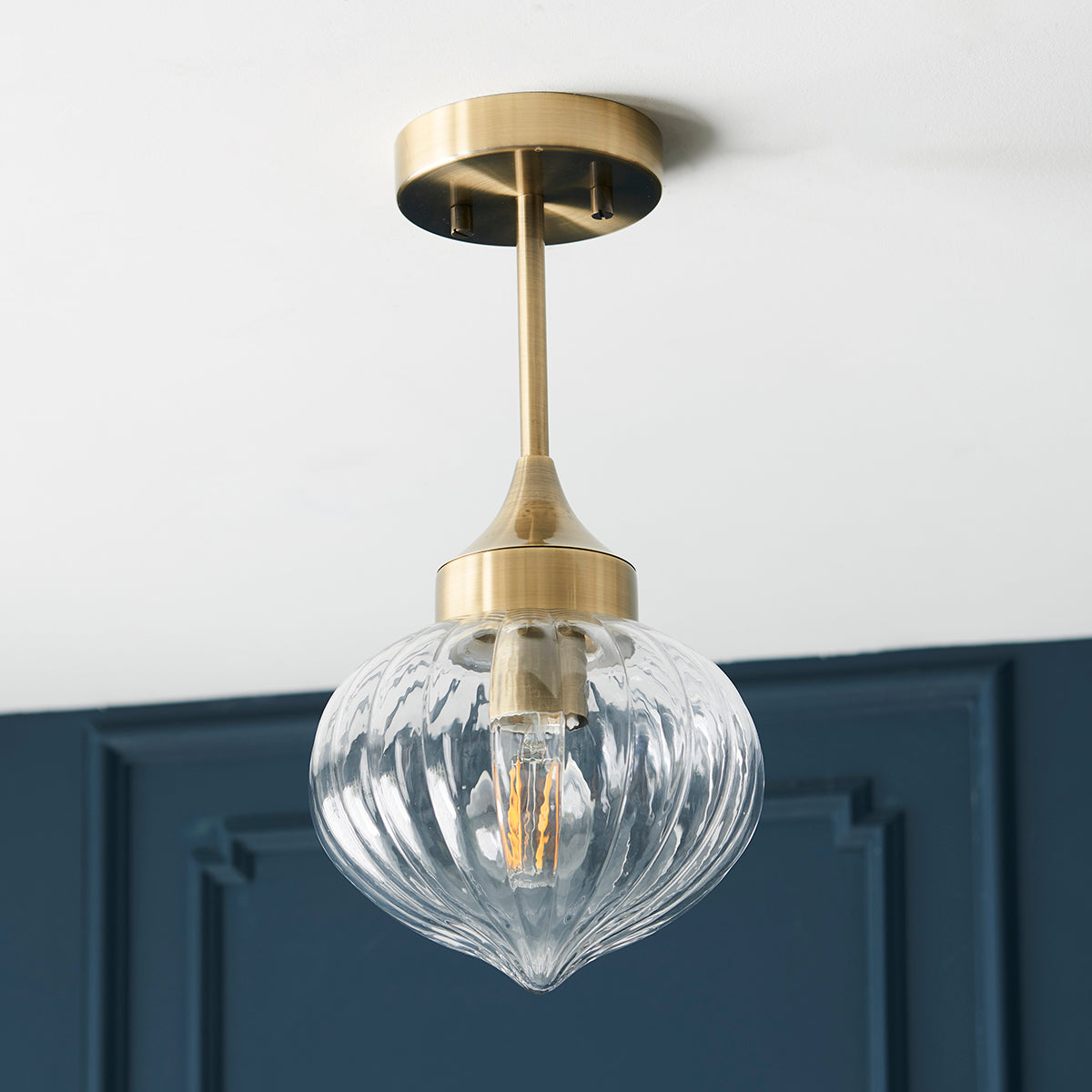 Teardrop Clear Ribbed Glass Semi Flush Light in Antique Brass