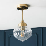 Teardrop Clear Ribbed Glass Semi Flush Light in Antique Brass