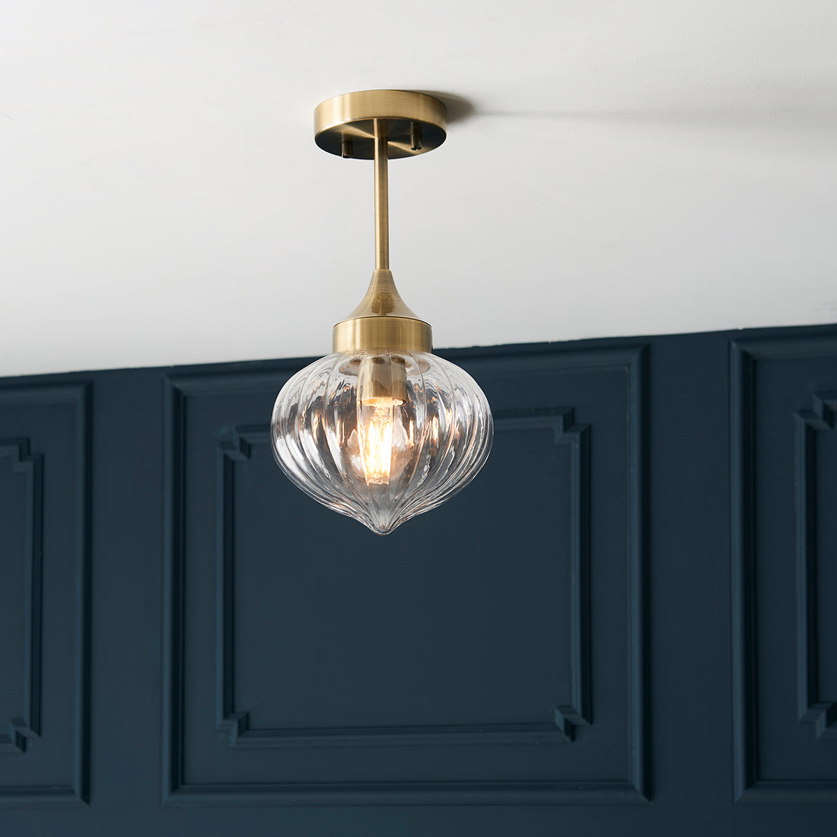 Teardrop Clear Ribbed Glass Semi Flush Light in Antique Brass