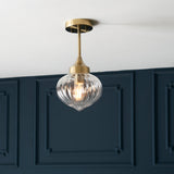 Teardrop Clear Ribbed Glass Semi Flush Light in Antique Brass