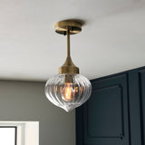 Teardrop Clear Ribbed Glass Semi Flush Light in Antique Brass