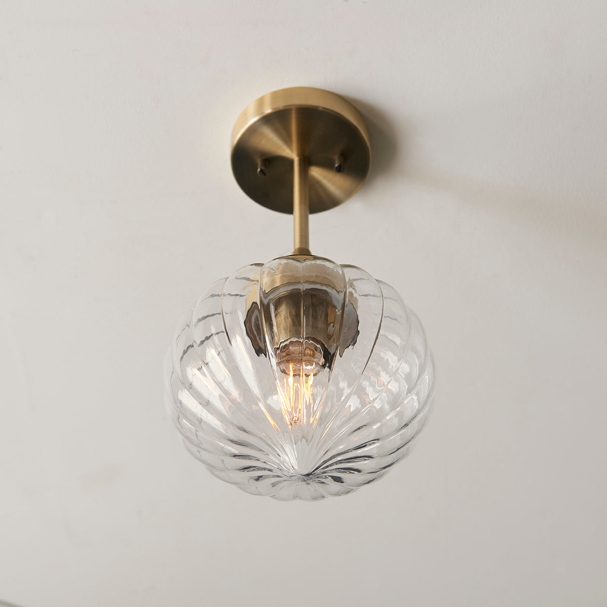 Teardrop Clear Ribbed Glass Semi Flush Light in Antique Brass