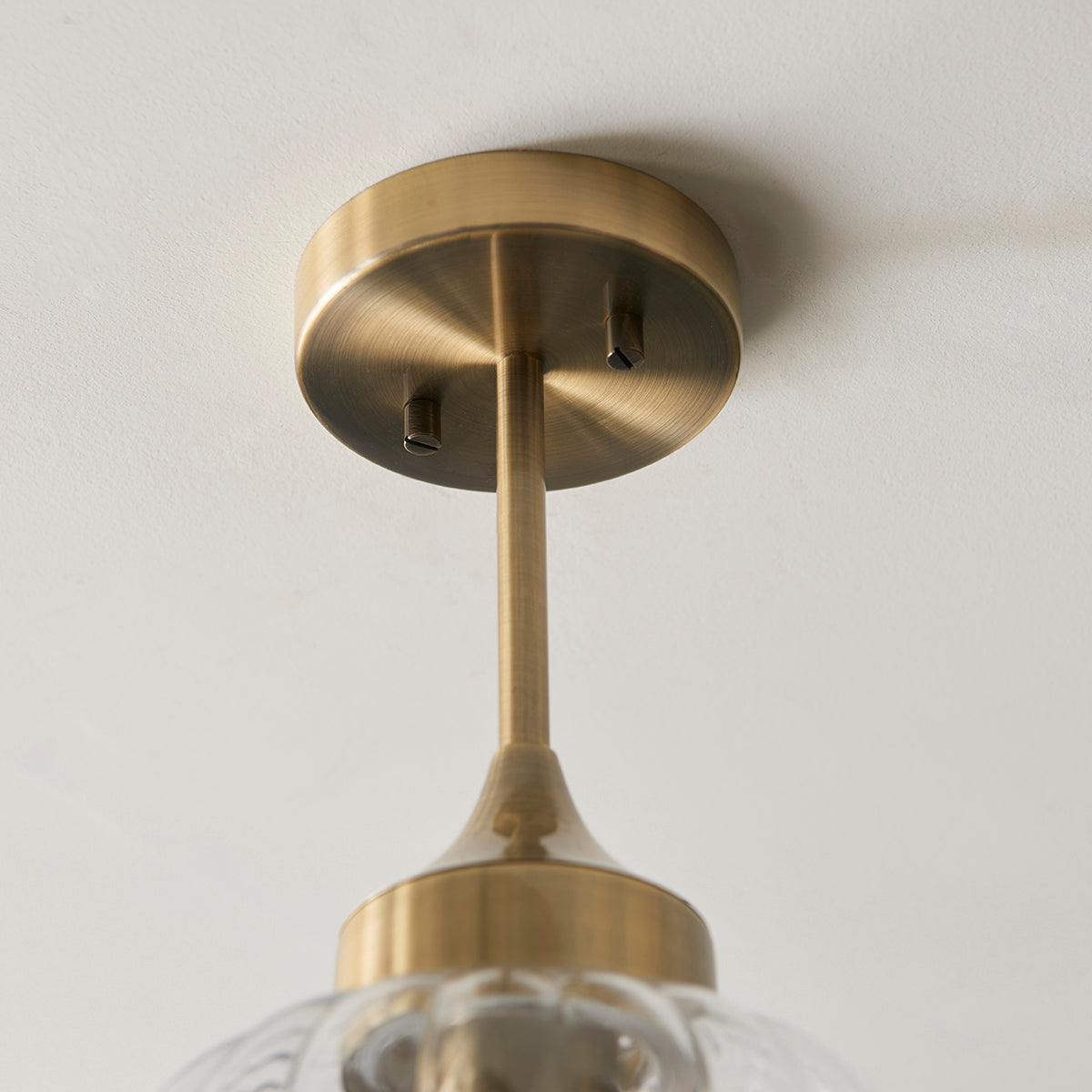 Teardrop Clear Ribbed Glass Semi Flush Light in Antique Brass