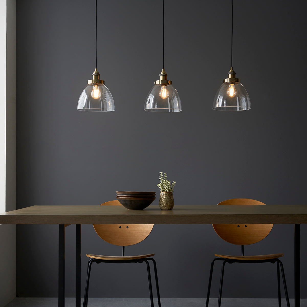 Marlowe Clear Glass Three Light Pendant in Antique Brass