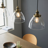 Marlowe Clear Glass Three Light Pendant in Antique Brass