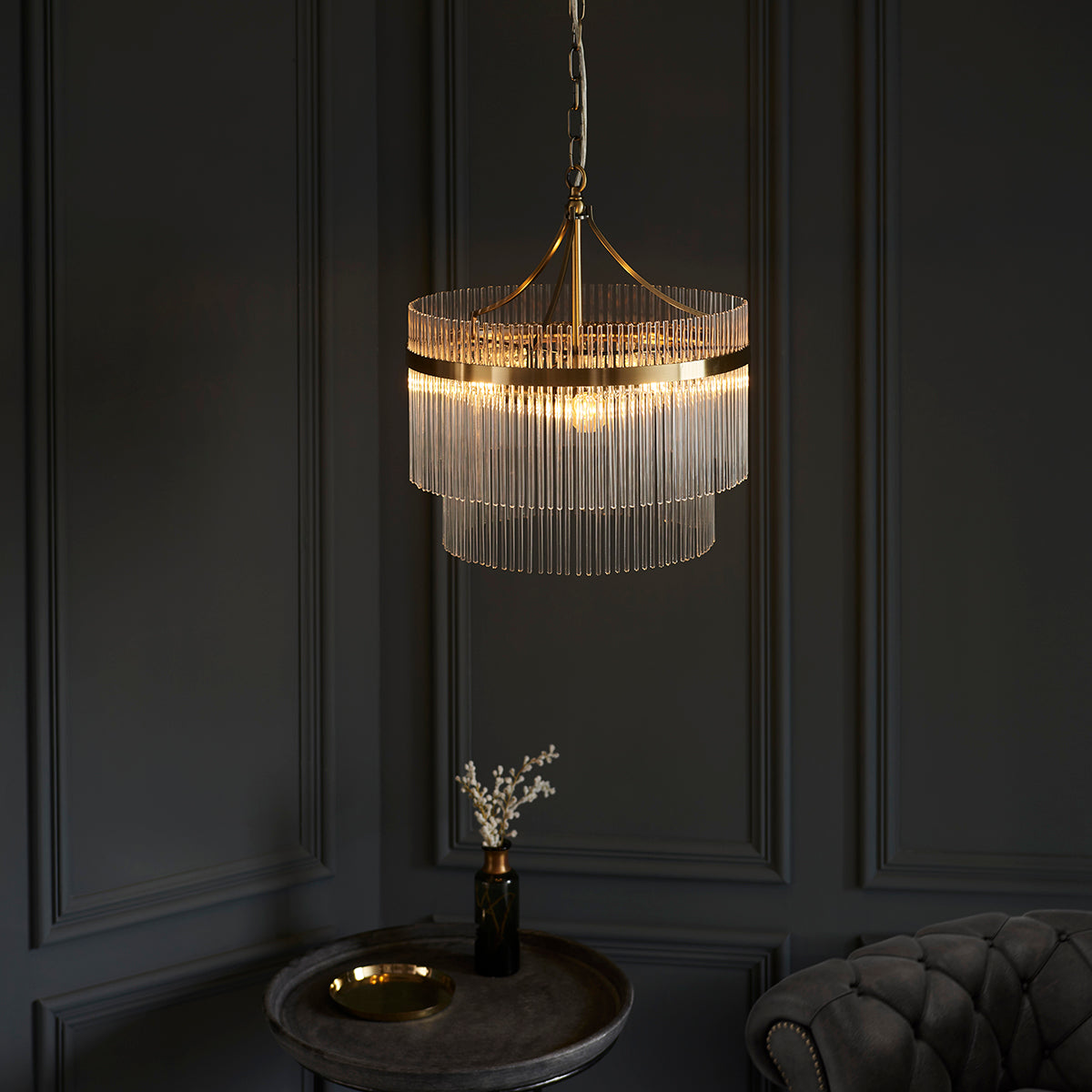 Seraphina Clear Glass Three Light Pendant in Antique Brass