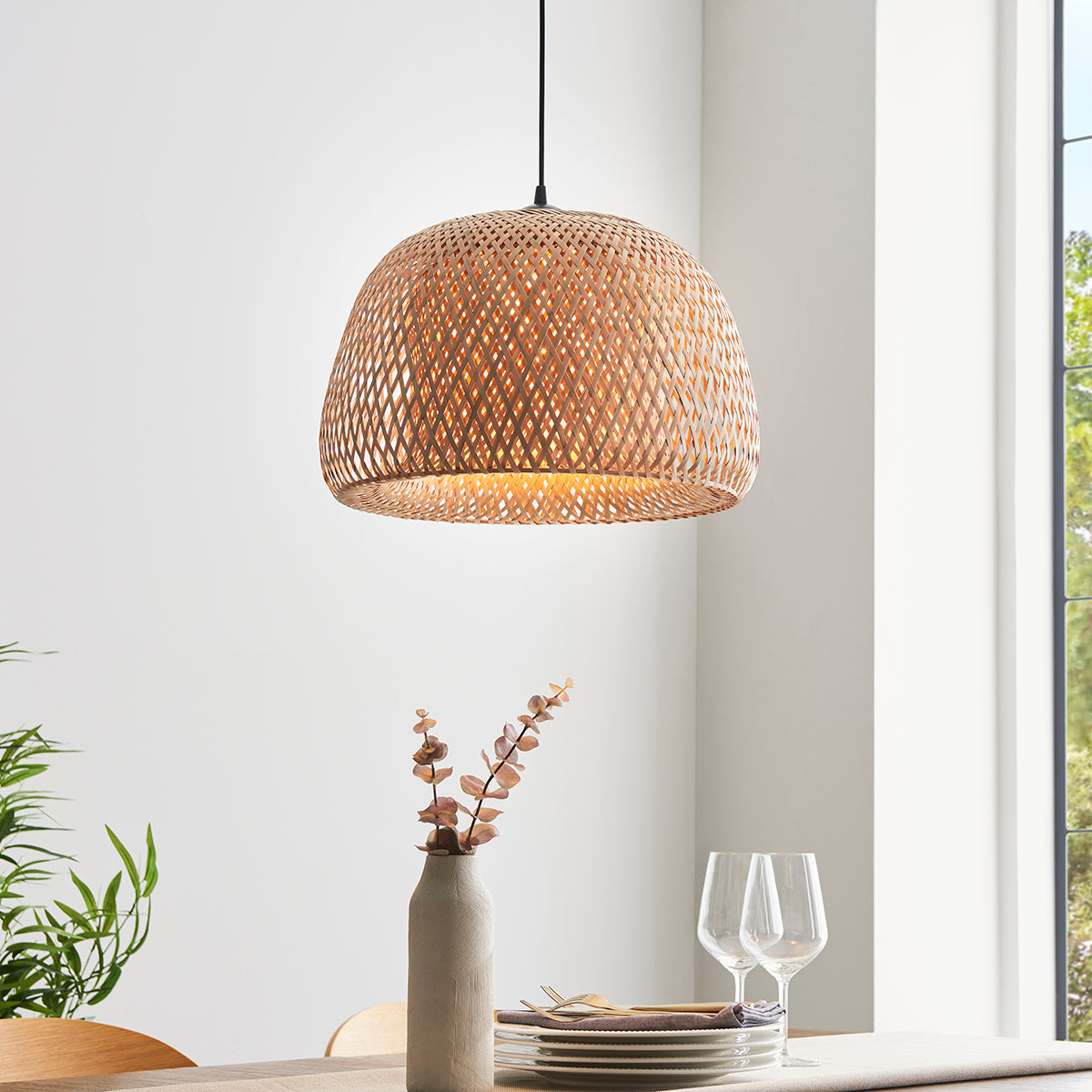 Estelle Natural Bamboo Dome Pendant in Matt Black