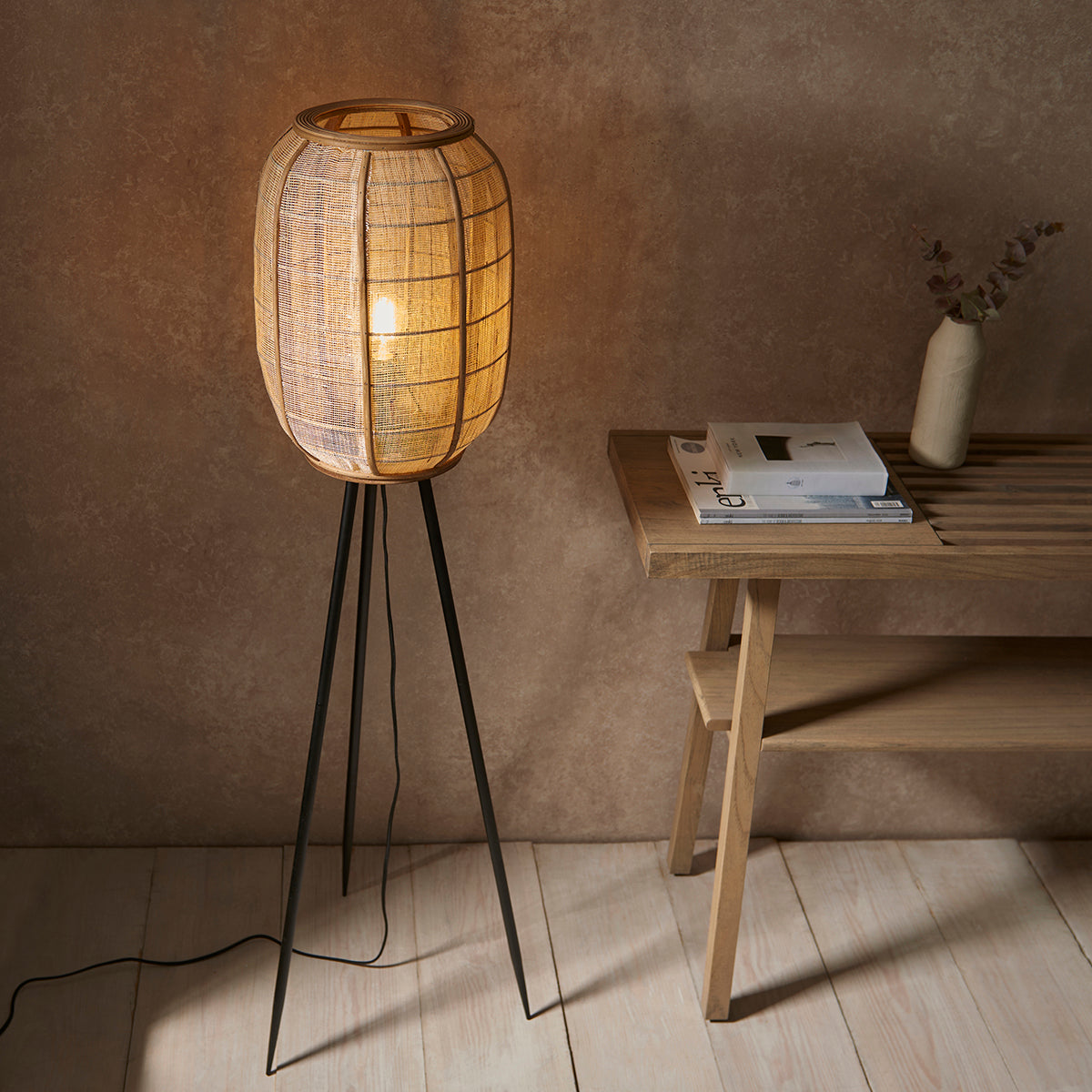 Ren Natural Bamboo Tripod Floor Lamp in Matt Black