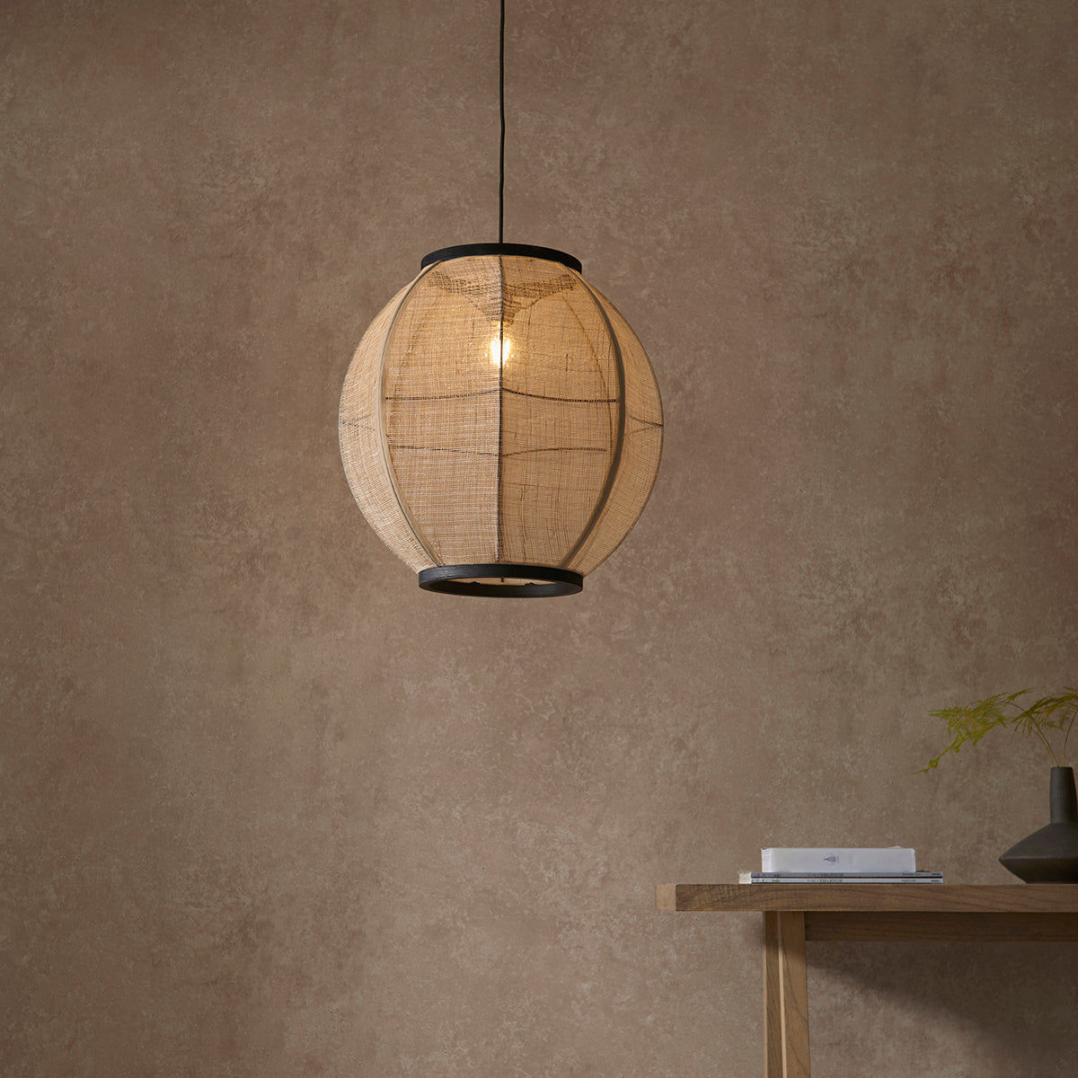 Ren Dark Plywood Round Pendant in Matt Black