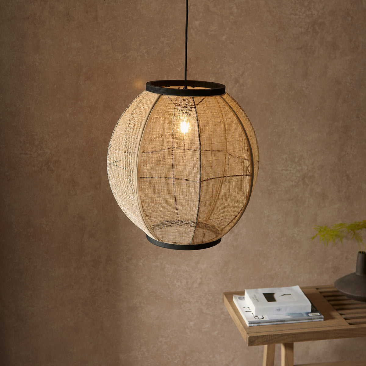 Ren Dark Plywood Round Pendant in Matt Black