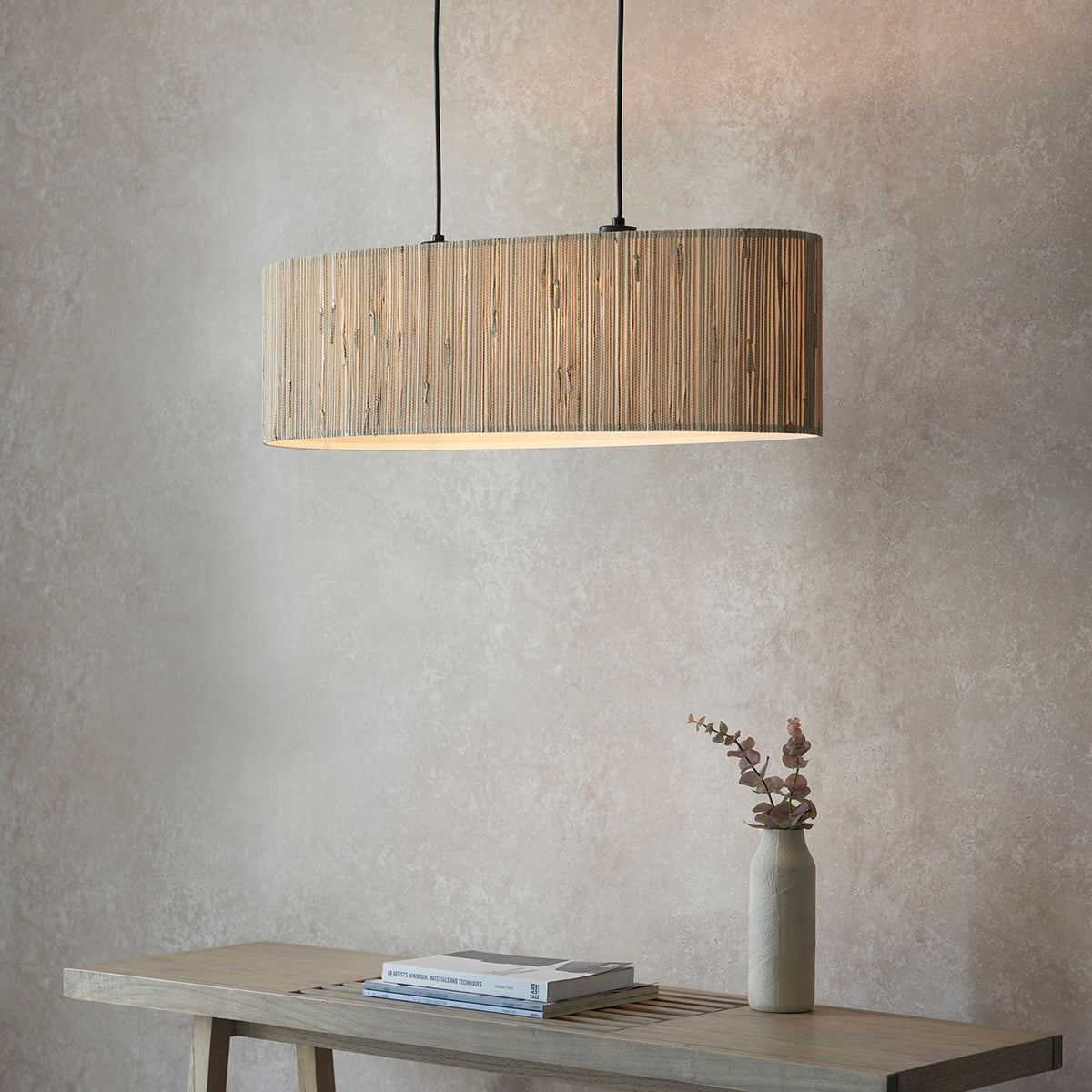Luna Natural Seagrass Two Light Pendant Light in Matt Black