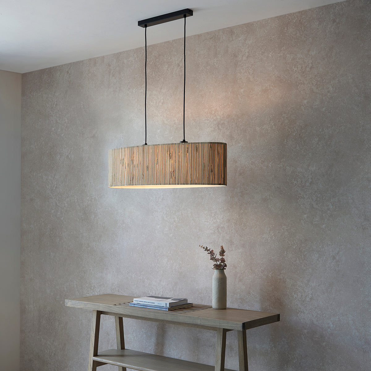 Luna Natural Seagrass Two Light Pendant Light in Matt Black