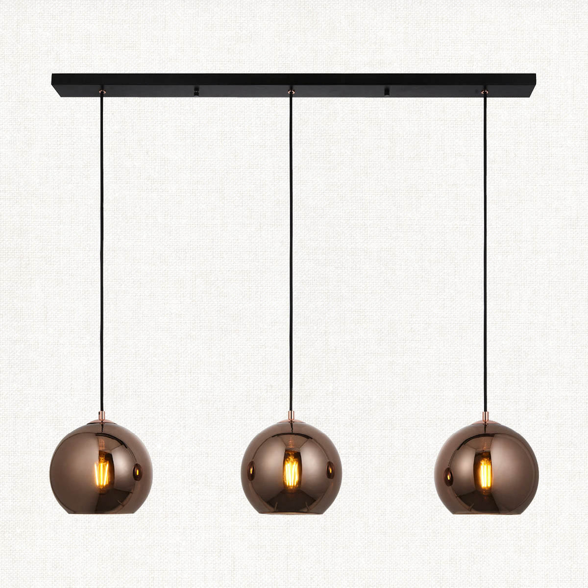 Ezra Copper Mirrored Glass Three Light Pendant in Matt Black