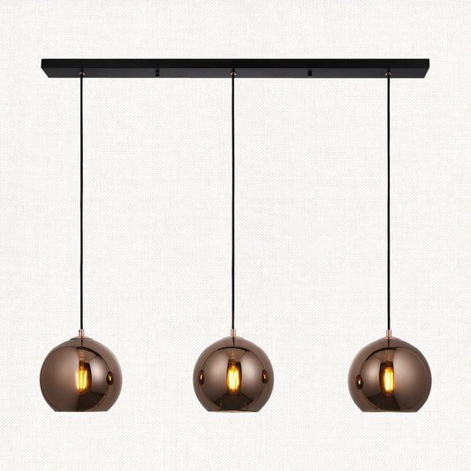Ezra Copper Mirrored Glass Three Light Pendant in Matt Black
