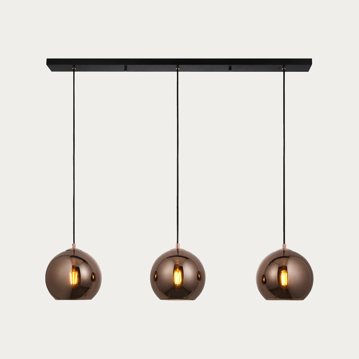 Ezra Copper Mirrored Glass Three Light Pendant in Matt Black