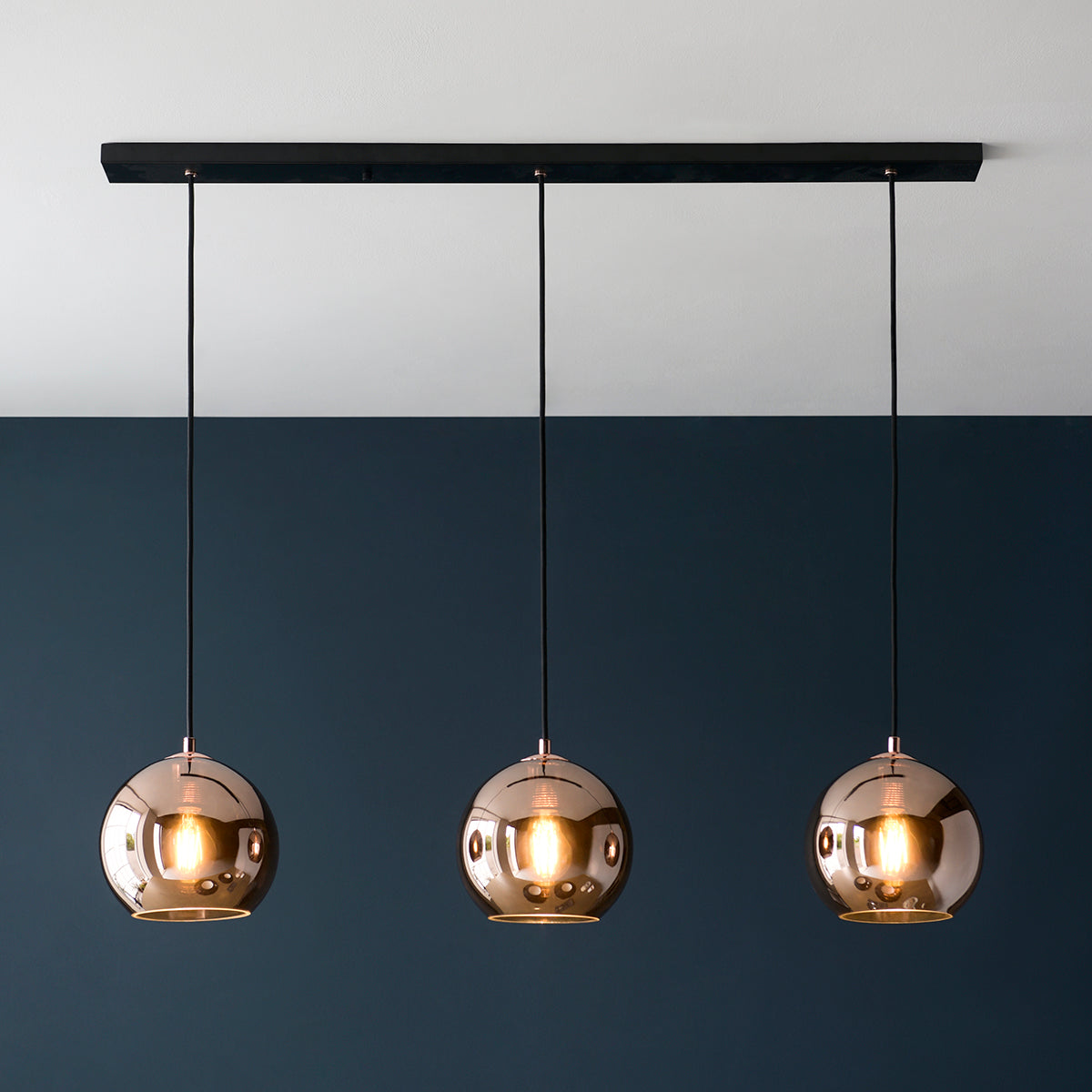 Ezra Copper Mirrored Glass Three Light Pendant in Matt Black