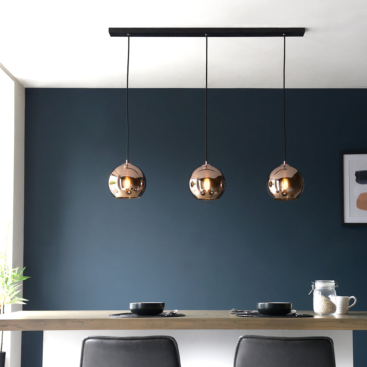 Ezra Copper Mirrored Glass Three Light Pendant in Matt Black