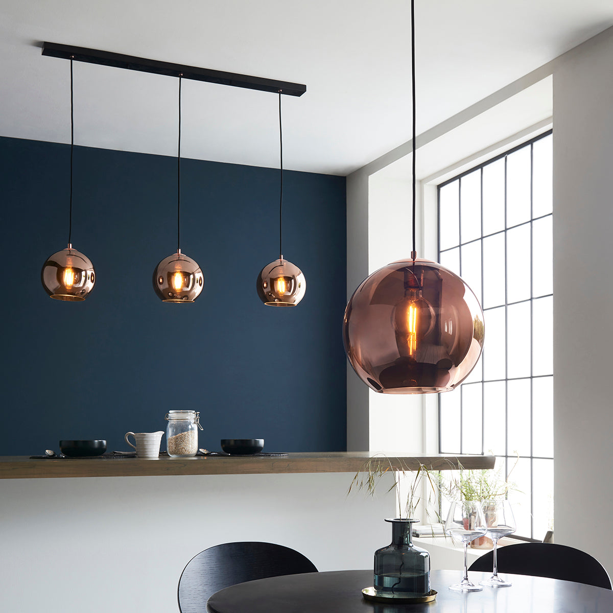 Ezra Copper Mirrored Glass Three Light Pendant in Matt Black