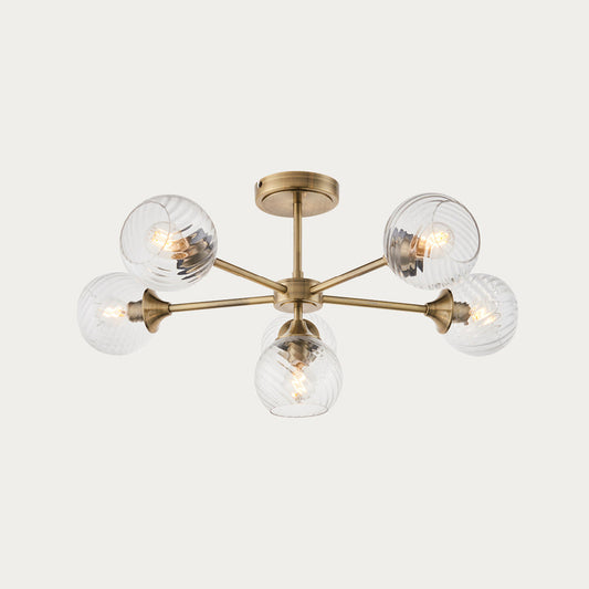 Madeline Spiral Glass Six Light Semi Flush Light in Antique Brass