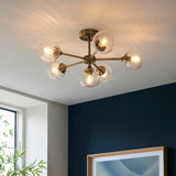 Madeline Spiral Glass Six Light Semi Flush Light in Antique Brass
