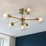 Madeline Spiral Glass Six Light Semi Flush Light in Antique Brass