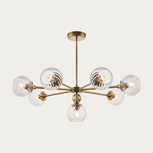 Madeline Spiral Glass Eight Light Pendant in Antique Brass