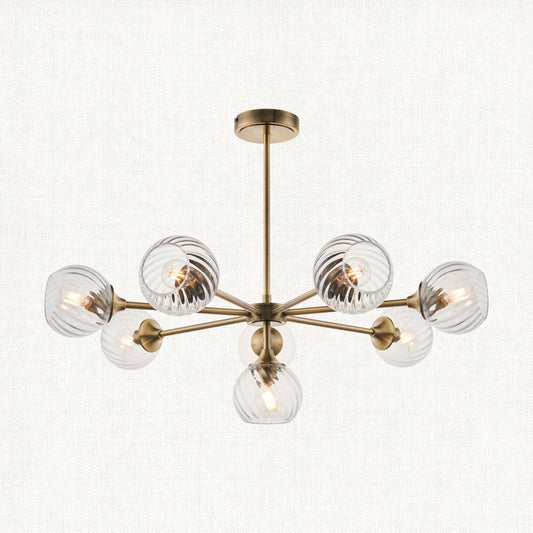 Madeline Spiral Glass Eight Light Pendant in Antique Brass