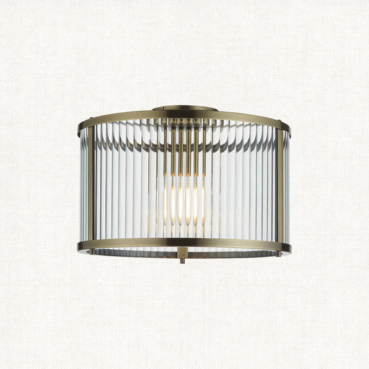 Somerset Ribbed Glass Flush Light in Antique Brass