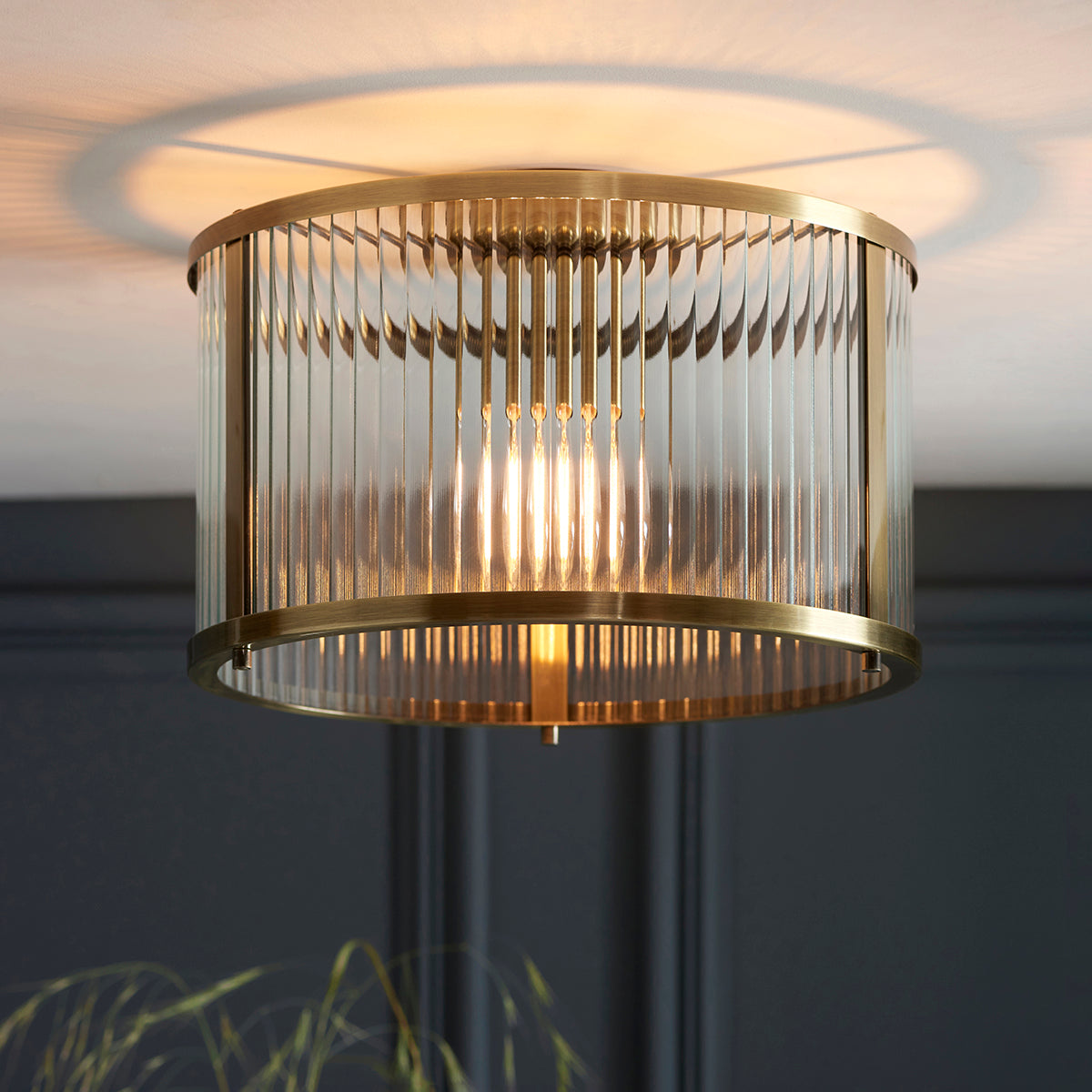 Somerset Ribbed Glass Flush Light in Antique Brass