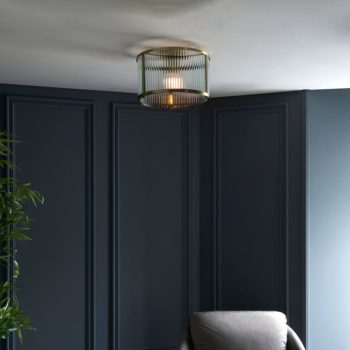 Somerset Ribbed Glass Flush Light in Antique Brass