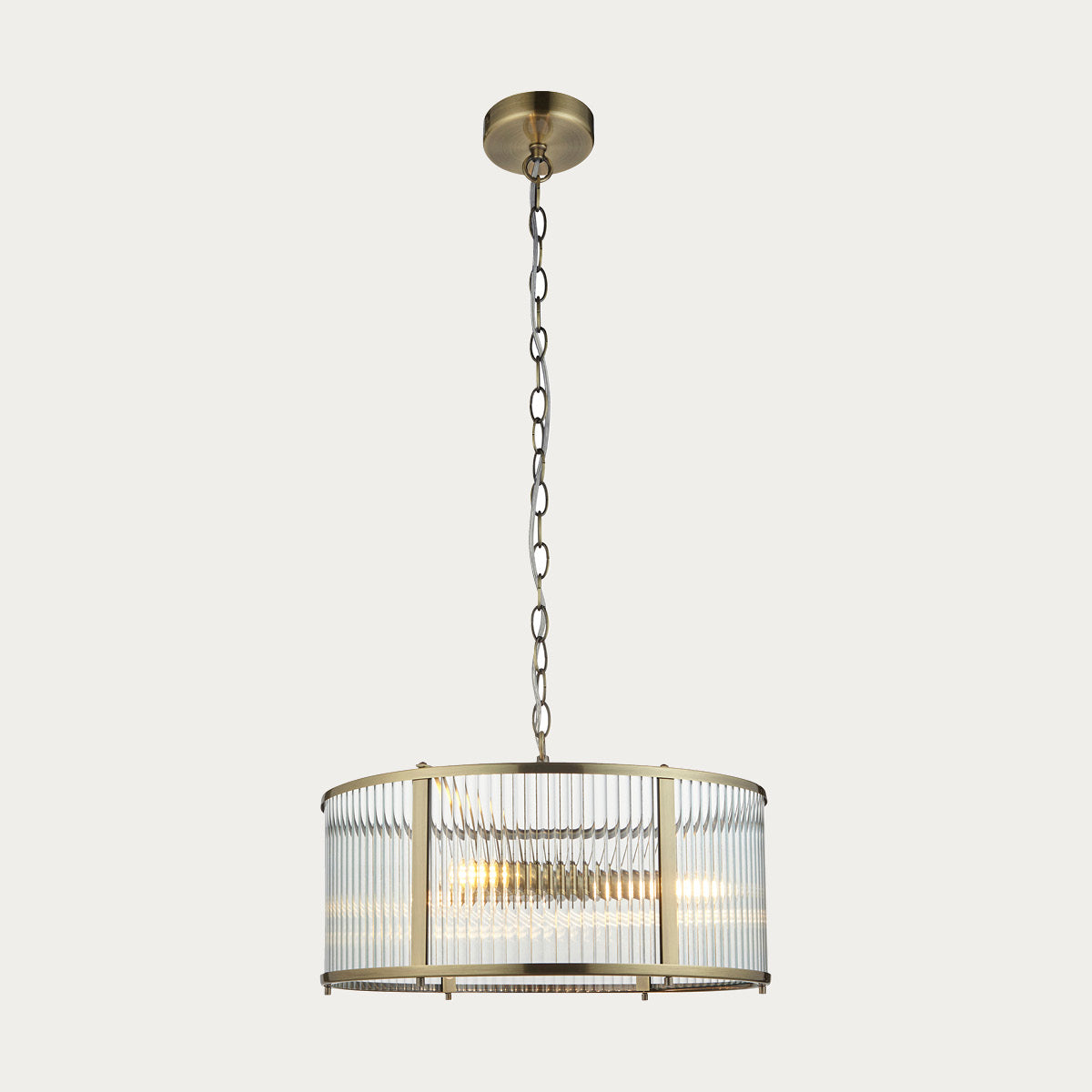Somerset Ribbed Glass Three Light Pendant in Antique Brass