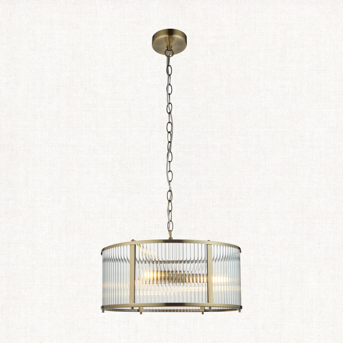 Somerset Ribbed Glass Three Light Pendant in Antique Brass