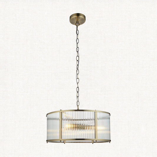 Somerset Ribbed Glass Three Light Pendant in Antique Brass
