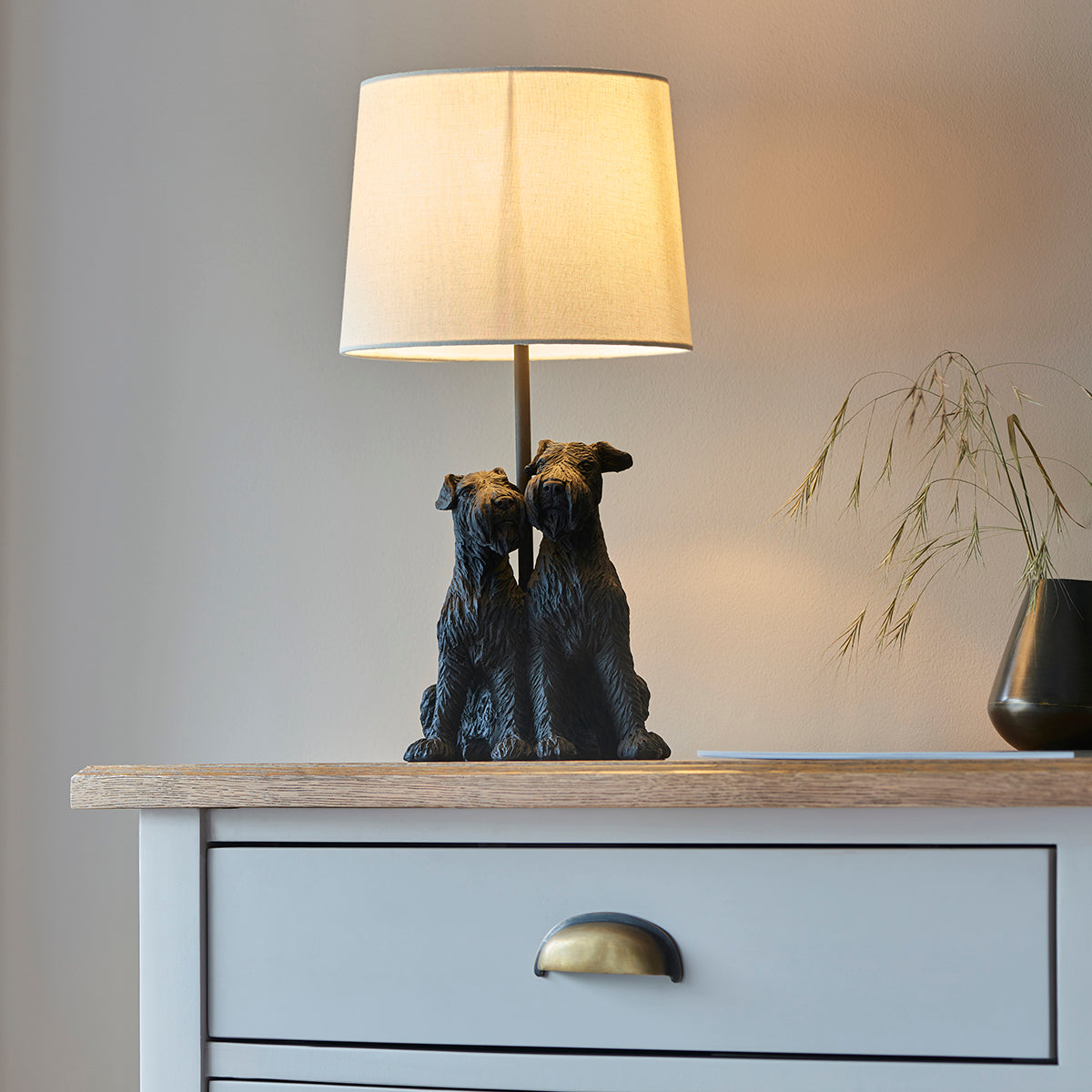 Westies Table Lamp in Matt Black with Natural Linen Shade