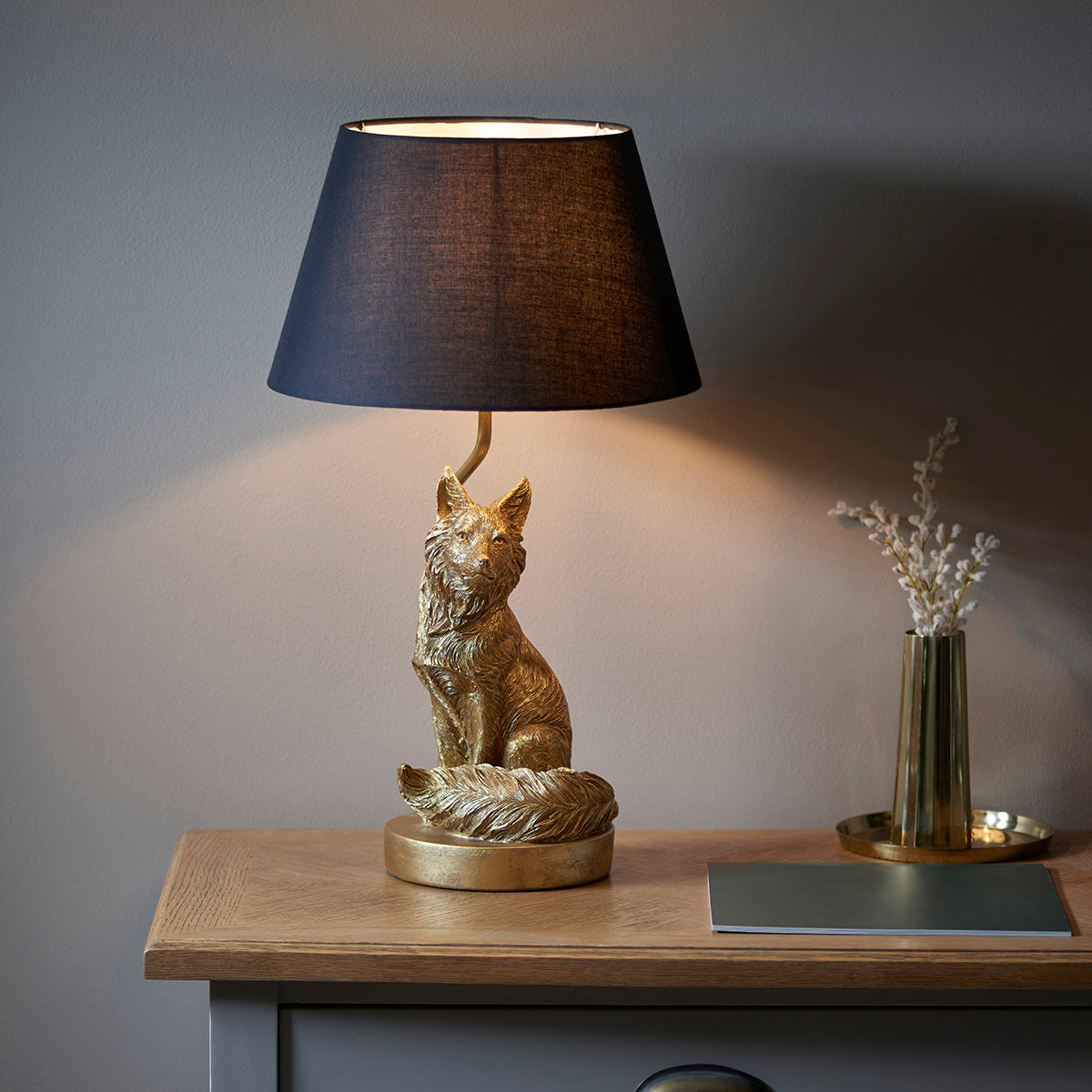 Frank the Fox Table Lamp in Vintage Gold with Black Fabric Shade