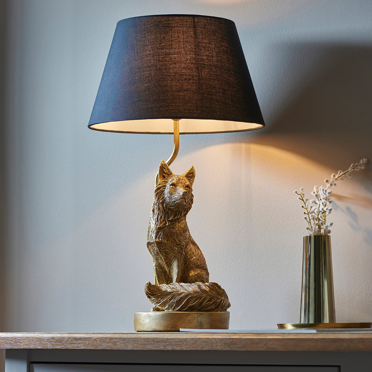 Frank the Fox Table Lamp in Vintage Gold with Black Fabric Shade