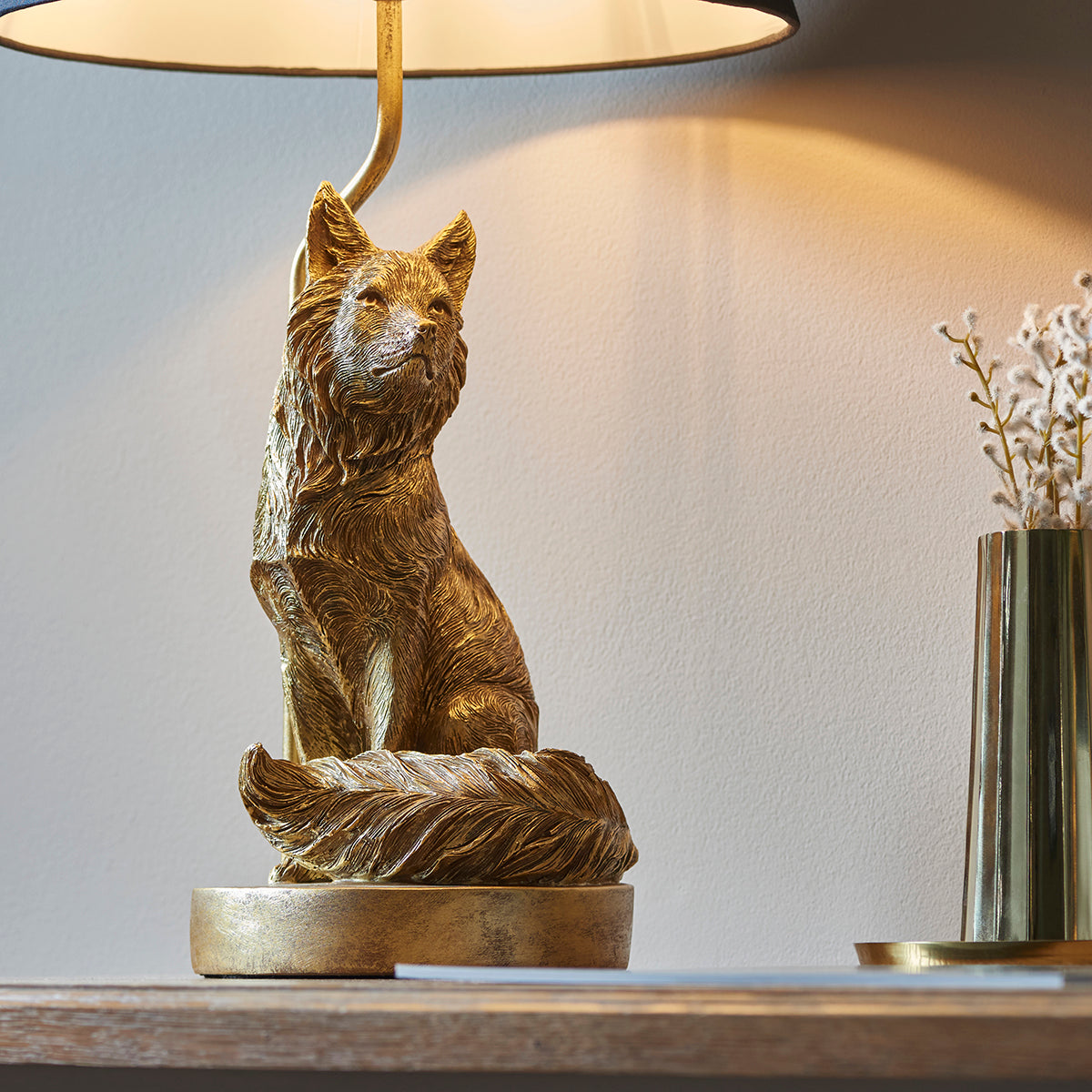 Frank the Fox Table Lamp in Vintage Gold with Black Fabric Shade