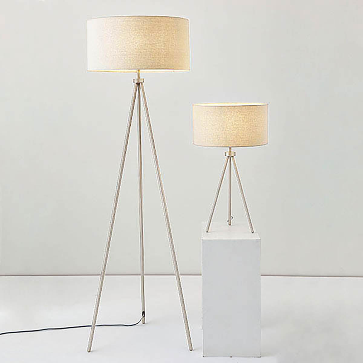 Milo Tripod Table Lamp in Matt Nickel with Grey Fabric Shade