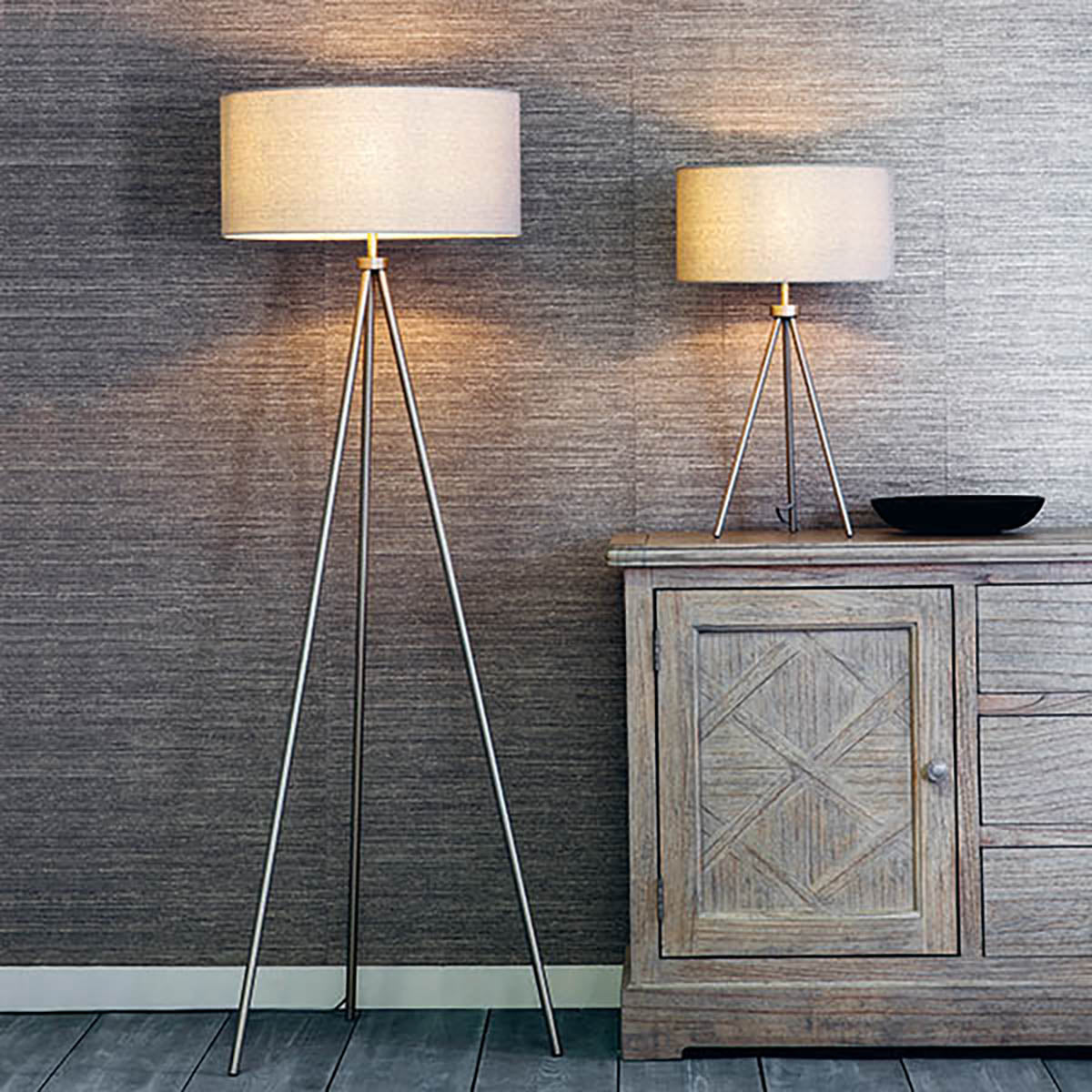 Milo Tripod Floor Lamp in Matt Nickel with Grey Fabric Shade