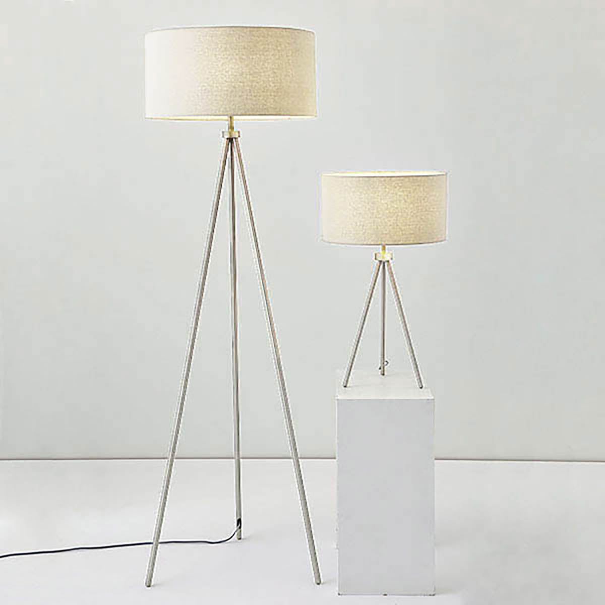 Milo Tripod Floor Lamp in Matt Nickel with Grey Fabric Shade