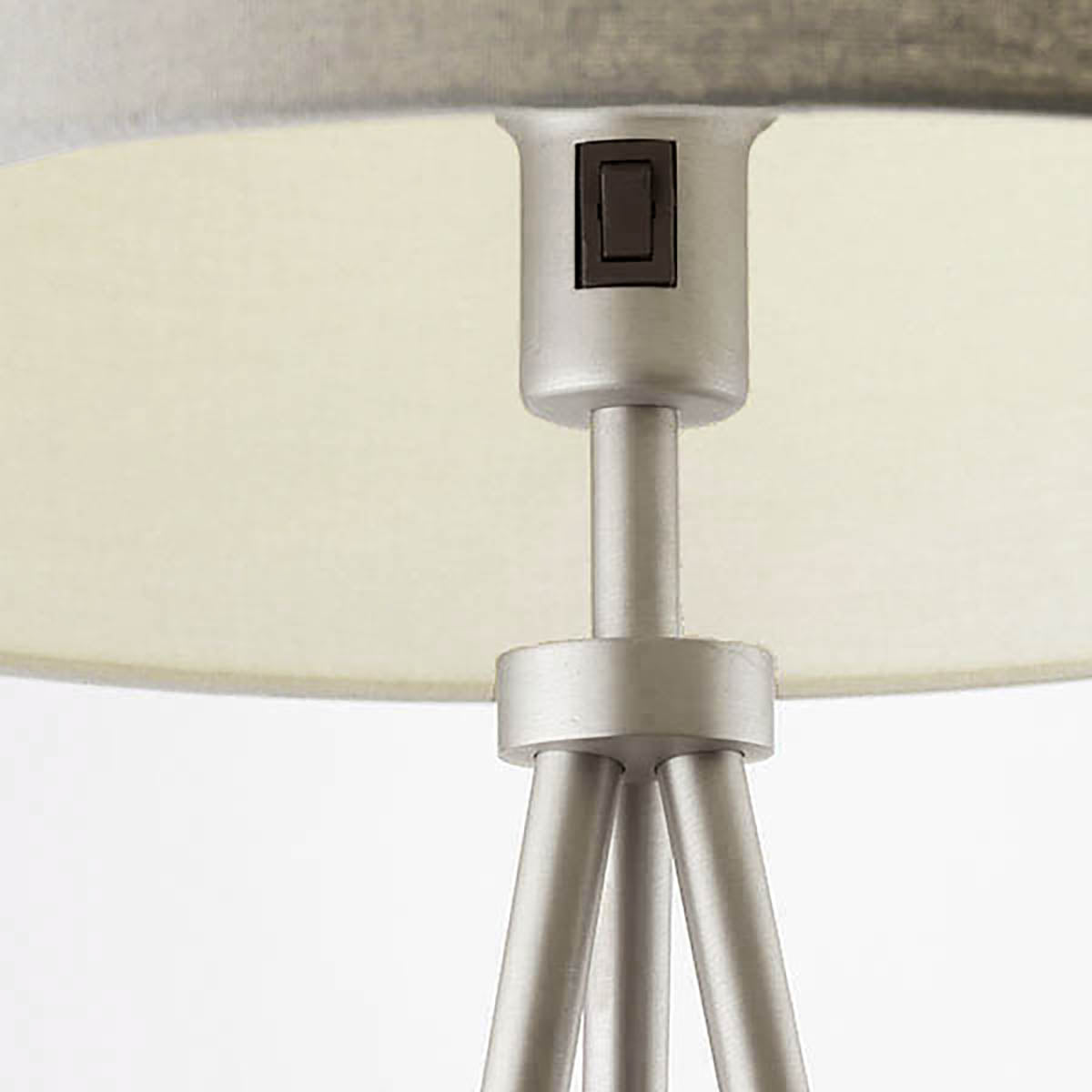 Milo Tripod Floor Lamp in Matt Nickel with Grey Fabric Shade
